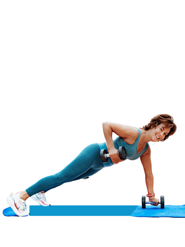 debra doing a renegade row with dumbells